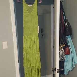 Vibrant Lime Knit Dress with Fringe